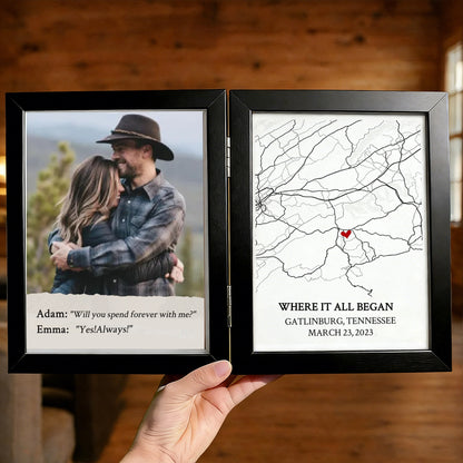Personalized Bi-Fold Engagement Map & Photo Frame: Custom "Where She Said Yes" Proposal Location Shadow Box – Romantic Anniversary Gift for Couples