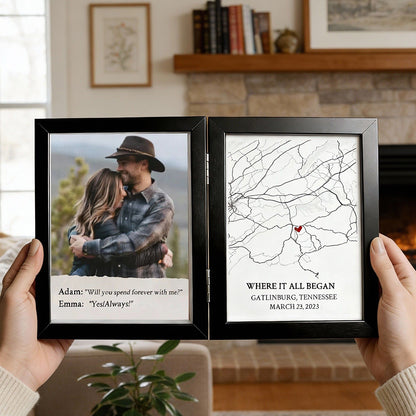 Personalized Bi-Fold Engagement Map & Photo Frame: Custom "Where She Said Yes" Proposal Location Shadow Box – Romantic Anniversary Gift for Couples