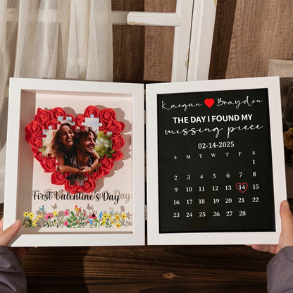 Personalized 3D Rose Heart Shadow Box: Custom Jigsaw Puzzle Photo & Anniversary Calendar Frame – Bi-Fold "Missing Piece" Valentine’s Day Keepsake Gift
