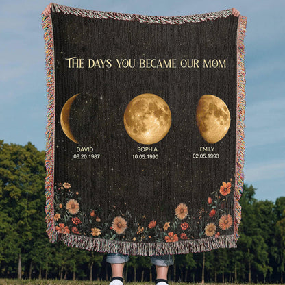 Personalized Mom Moon Phase by Date Woven Blanket with Kids Names Mother's Day Gift