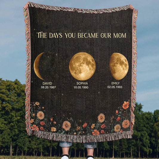 Personalized Mom Moon Phase by Date Woven Blanket with Kids Names Mother's Day Gift