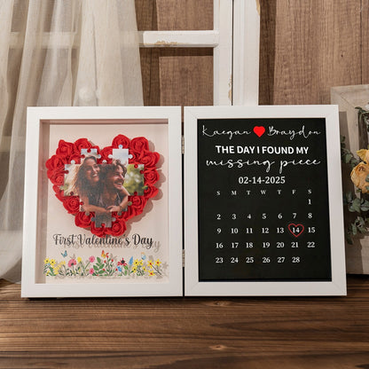 Personalized 3D Rose Heart Shadow Box: Custom Jigsaw Puzzle Photo & Anniversary Calendar Frame – Bi-Fold "Missing Piece" Valentine’s Day Keepsake Gift