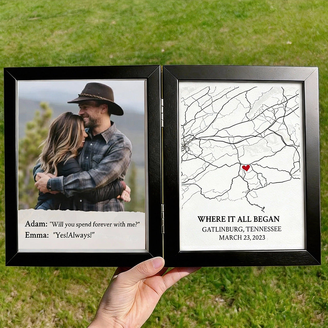 Personalized Bi-Fold Engagement Map & Photo Frame: Custom "Where She Said Yes" Proposal Location Shadow Box – Romantic Anniversary Gift for Couples
