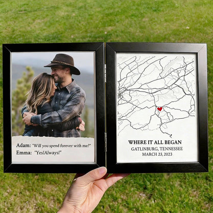 Personalized Bi-Fold Engagement Map & Photo Frame: Custom "Where She Said Yes" Proposal Location Shadow Box – Romantic Anniversary Gift for Couples