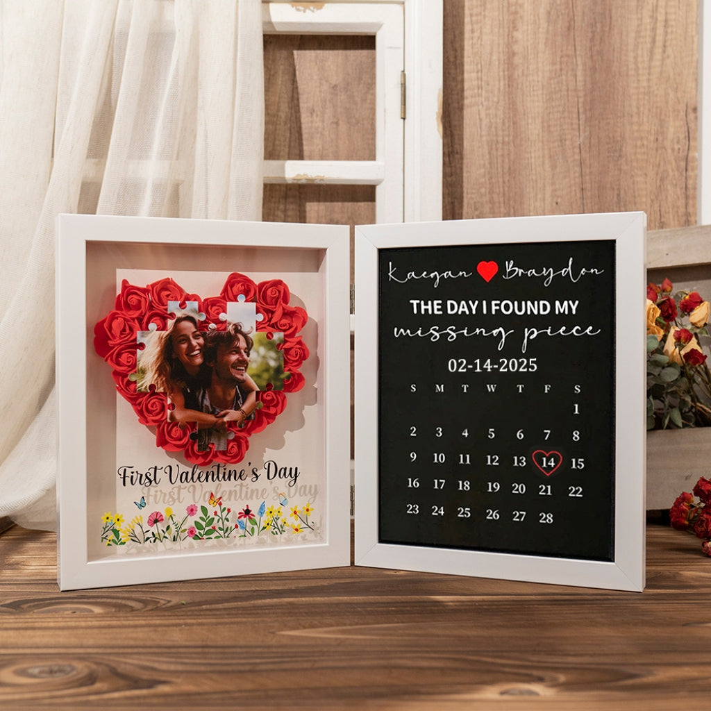 Personalized 3D Rose Heart Shadow Box: Custom Jigsaw Puzzle Photo & Anniversary Calendar Frame – Bi-Fold "Missing Piece" Valentine’s Day Keepsake Gift