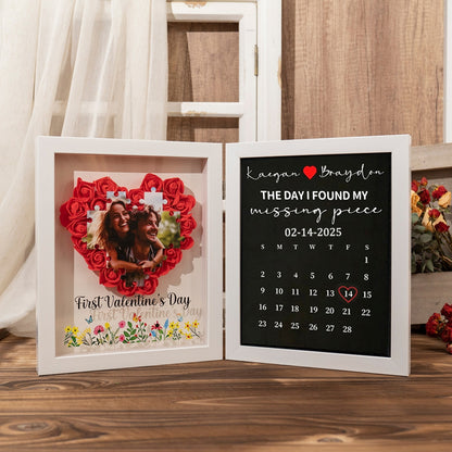 Personalized 3D Rose Heart Shadow Box: Custom Jigsaw Puzzle Photo & Anniversary Calendar Frame – Bi-Fold "Missing Piece" Valentine’s Day Keepsake Gift