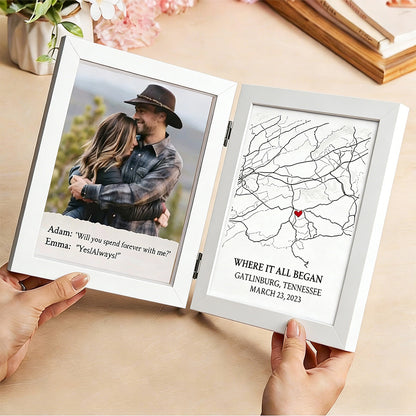Personalized Bi-Fold Engagement Map & Photo Frame: Custom "Where She Said Yes" Proposal Location Shadow Box – Romantic Anniversary Gift for Couples