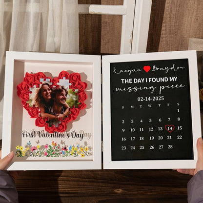 Personalized 3D Rose Heart Shadow Box: Custom Jigsaw Puzzle Photo & Anniversary Calendar Frame – Bi-Fold "Missing Piece" Valentine’s Day Keepsake Gift