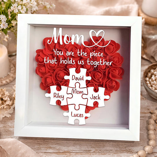 Personalized “Mom, You Are the Piece That Holds Us Together” Puzzle Heart Flower Shadow Box – Gift for Mom, Perfect Mother’s Day Gift
