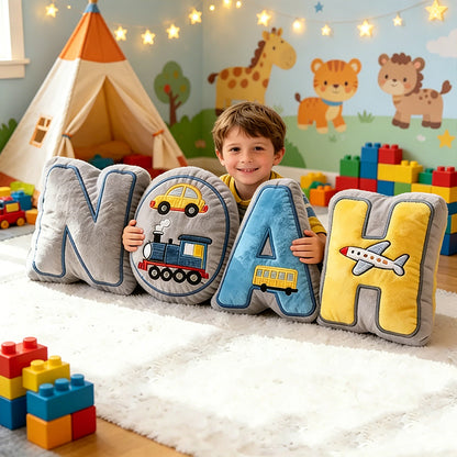 Personalized Vehicle-Themed Plush Cushion with Custom Name for Boys