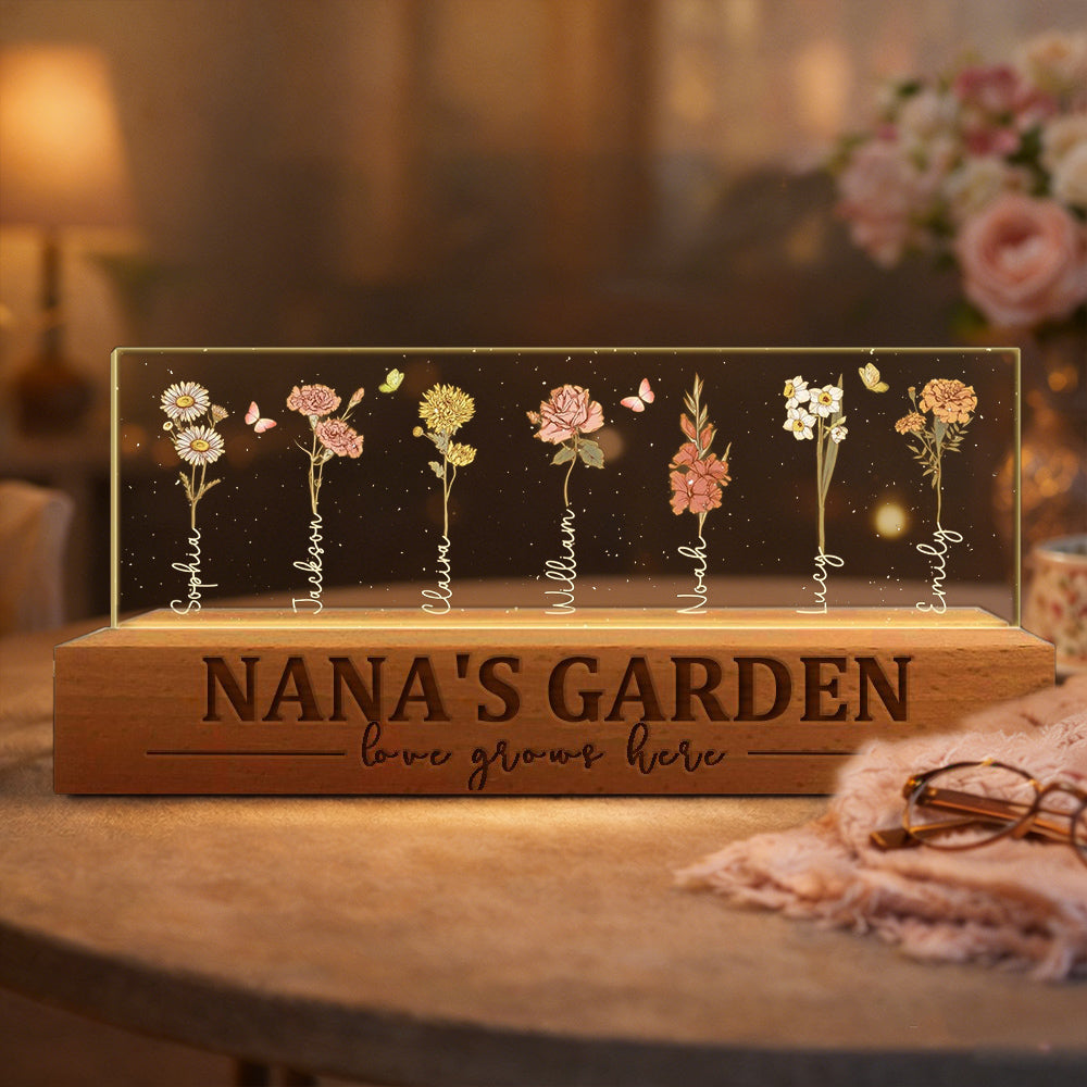 Personalized Nana's Garden Love Grows Here Birth Flower Wood Night Light Christmas Keepsake Gifts For Mom Grandma