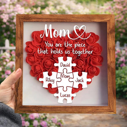 Personalized “Mom, You Are the Piece That Holds Us Together” Puzzle Heart Flower Shadow Box – Gift for Mom, Perfect Mother’s Day Gift