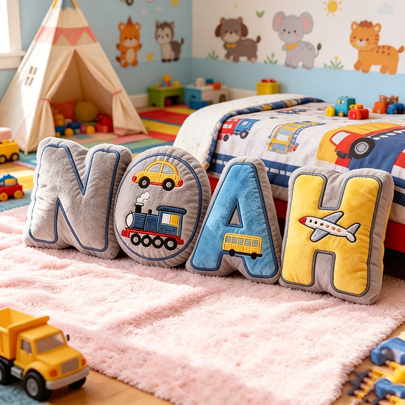 Personalized Vehicle-Themed Plush Cushion with Custom Name for Boys