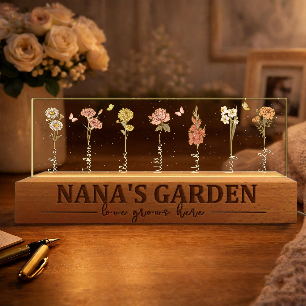 Personalized Nana's Garden Love Grows Here Birth Flower Wood Night Light Christmas Keepsake Gifts For Mom Grandma