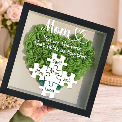 Personalized “Mom, You Are the Piece That Holds Us Together” Puzzle Heart Flower Shadow Box – Gift for Mom, Perfect Mother’s Day Gift