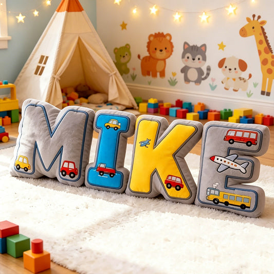 Personalized Vehicle-Themed Plush Cushion with Custom Name for Boys