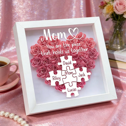Personalized “Mom, You Are the Piece That Holds Us Together” Puzzle Heart Flower Shadow Box – Gift for Mom, Perfect Mother’s Day Gift