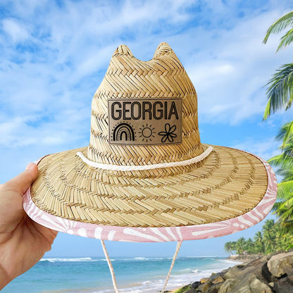 Personalized Leather Name Patch Straw Hat with Name and Symbols Sun Hat Gift for Toddler Child Adult