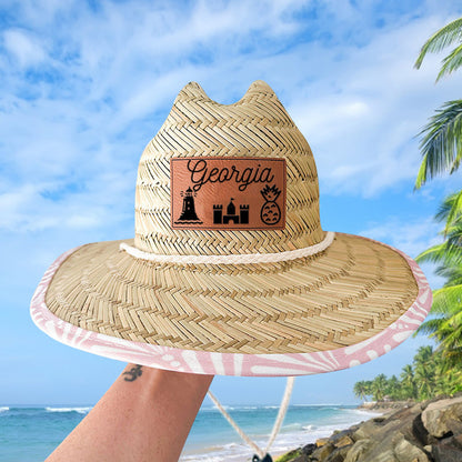 Personalized Leather Name Patch Straw Hat with Name and Symbols Sun Hat Gift for Toddler Child Adult