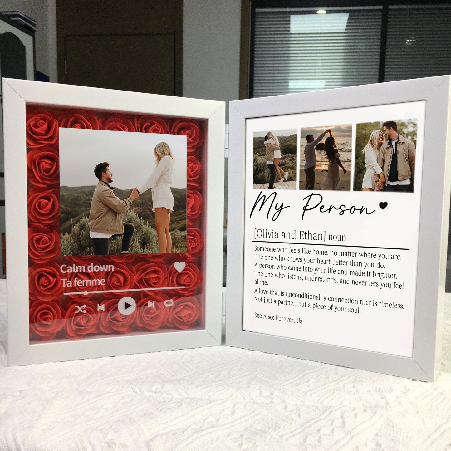 Personalized Spotify Music & "My Person" Definition Shadow Box: 3D Rose Backdrop Double Photo Frame – Custom Engagement & Anniversary Gift for Couples