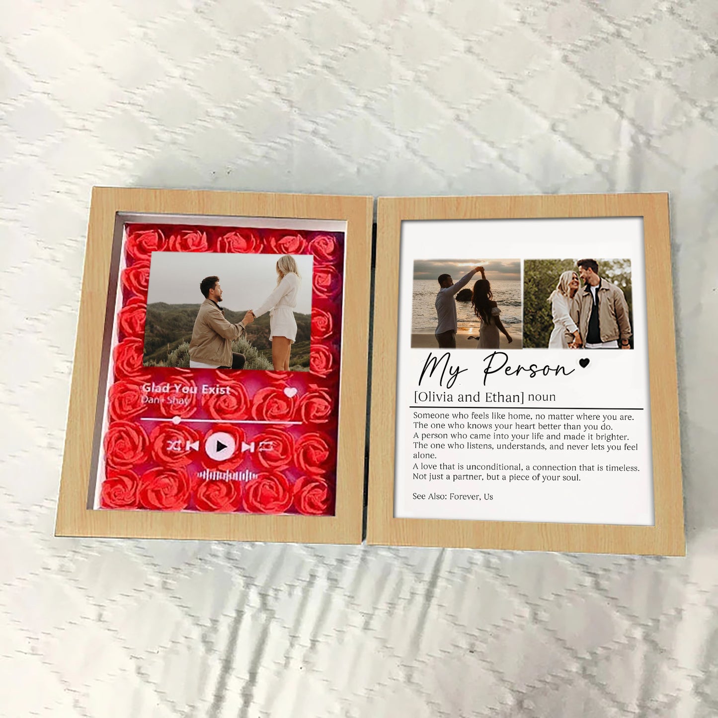 Personalized Spotify Music & "My Person" Definition Shadow Box: 3D Rose Backdrop Double Photo Frame – Custom Engagement & Anniversary Gift for Couples