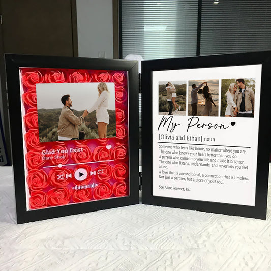 Personalized Spotify Music & "My Person" Definition Shadow Box: 3D Rose Backdrop Double Photo Frame – Custom Engagement & Anniversary Gift for Couples
