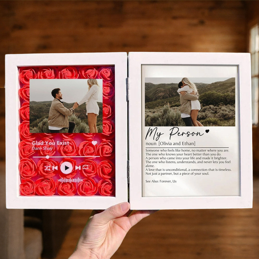 Personalized Spotify Music & "My Person" Definition Shadow Box: 3D Rose Backdrop Double Photo Frame – Custom Engagement & Anniversary Gift for Couples