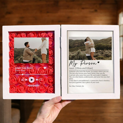 Personalized Spotify Music & "My Person" Definition Shadow Box: 3D Rose Backdrop Double Photo Frame – Custom Engagement & Anniversary Gift for Couples