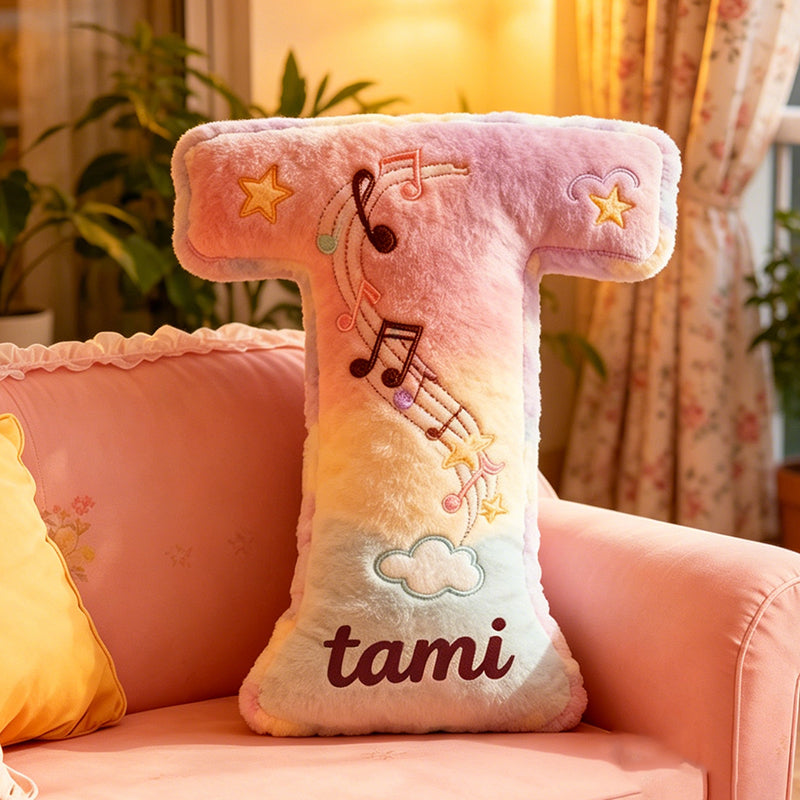 Personalized Rainbow Music Notes Pillow with Custom Name, Soft Plush Cushion, Gift for Kids, Music Lovers & Girls Room Decor