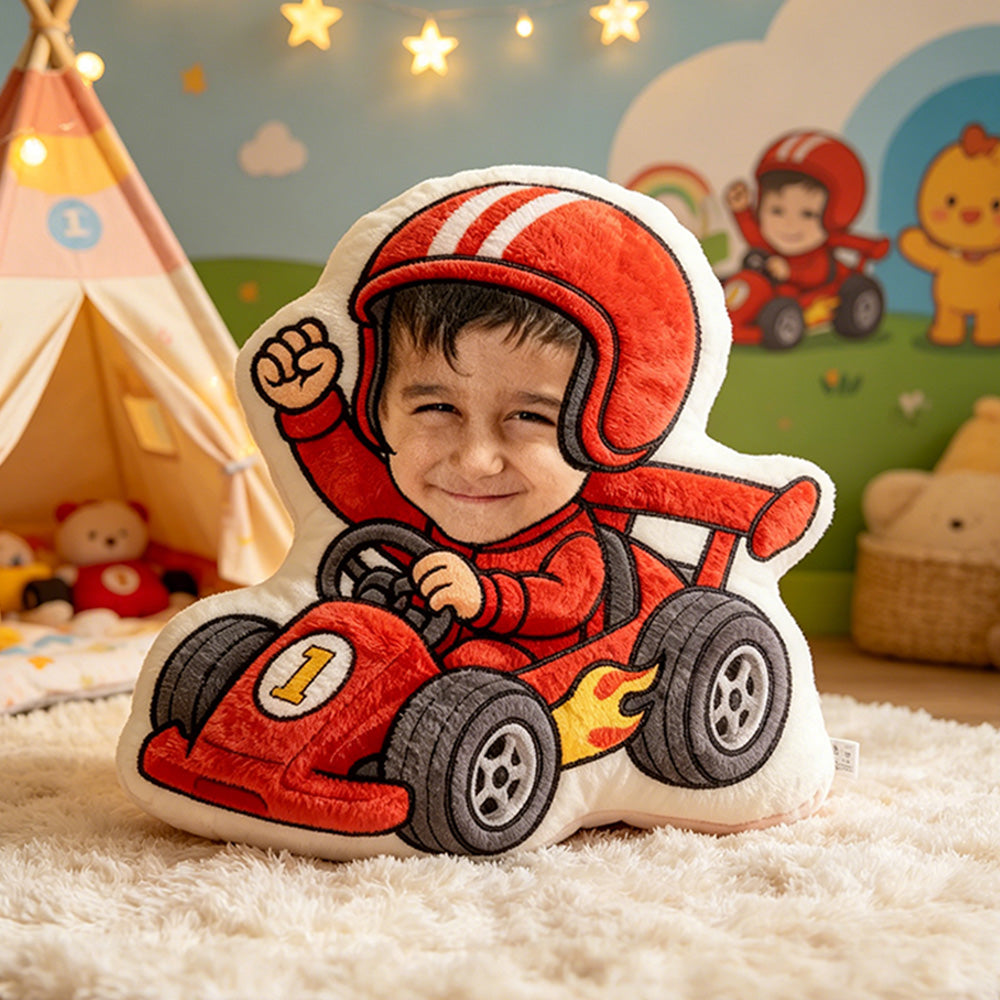 Personalized Go-Kart Racer Pillow Custom Face & Name 3D Printed Cushion Gift for Kids