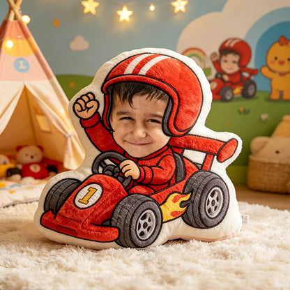Personalized Go-Kart Racer Pillow Custom Face & Name 3D Printed Cushion Gift for Kids