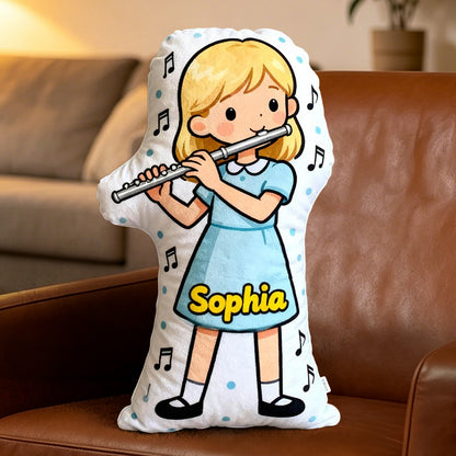 Personalized Flute Pillow with Custom Name, Customizable Skin Tone & Hair Color, Soft Plush Gift for Flute Players, Girls Room & Music Lovers