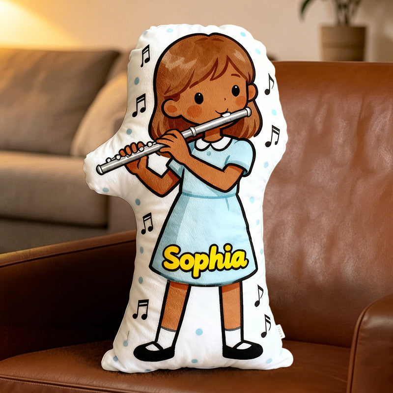 Personalized Flute Pillow with Custom Name, Customizable Skin Tone & Hair Color, Soft Plush Gift for Flute Players, Girls Room & Music Lovers