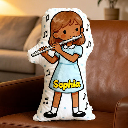 Personalized Flute Pillow with Custom Name, Customizable Skin Tone & Hair Color, Soft Plush Gift for Flute Players, Girls Room & Music Lovers