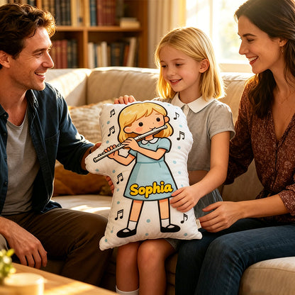 Personalized Flute Pillow with Custom Name, Customizable Skin Tone & Hair Color, Soft Plush Gift for Flute Players, Girls Room & Music Lovers