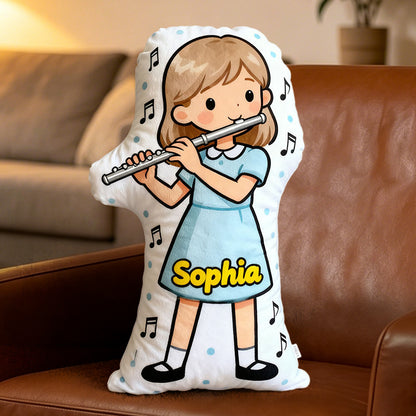 Personalized Flute Pillow with Custom Name, Customizable Skin Tone & Hair Color, Soft Plush Gift for Flute Players, Girls Room & Music Lovers