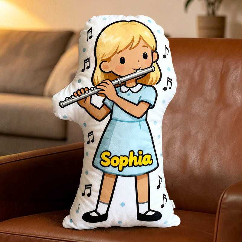Personalized Flute Pillow with Custom Name, Customizable Skin Tone & Hair Color, Soft Plush Gift for Flute Players, Girls Room & Music Lovers