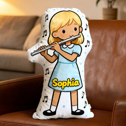 Personalized Flute Pillow with Custom Name, Customizable Skin Tone & Hair Color, Soft Plush Gift for Flute Players, Girls Room & Music Lovers