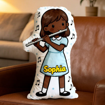 Personalized Flute Pillow with Custom Name, Customizable Skin Tone & Hair Color, Soft Plush Gift for Flute Players, Girls Room & Music Lovers