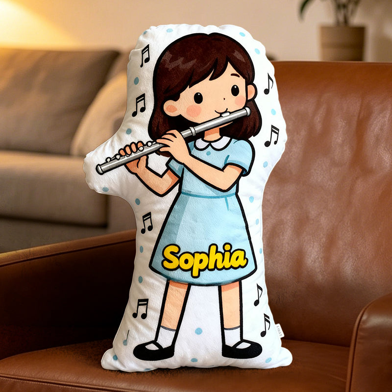 Personalized Flute Pillow with Custom Name, Customizable Skin Tone & Hair Color, Soft Plush Gift for Flute Players, Girls Room & Music Lovers