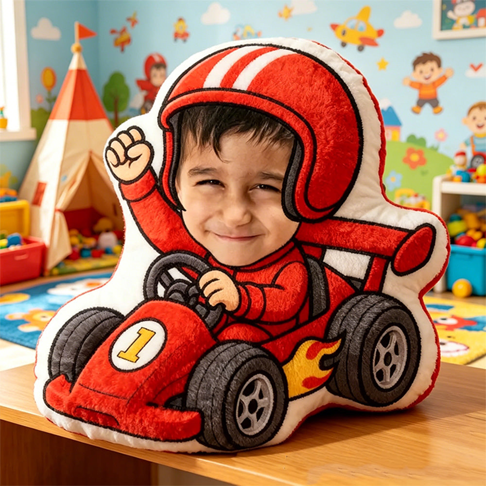 Personalized Go-Kart Racer Pillow Custom Face & Name 3D Printed Cushion Gift for Kids