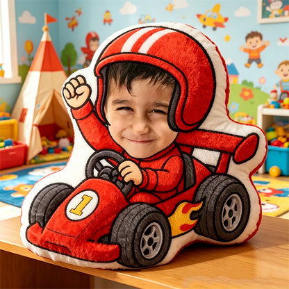 Personalized Go-Kart Racer Pillow Custom Face & Name 3D Printed Cushion Gift for Kids