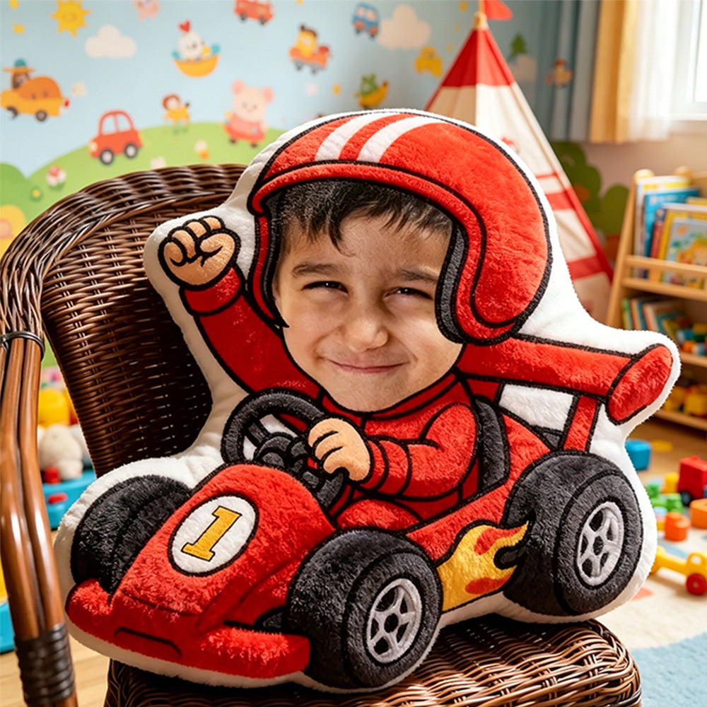 Personalized Go-Kart Racer Pillow Custom Face & Name 3D Printed Cushion Gift for Kids