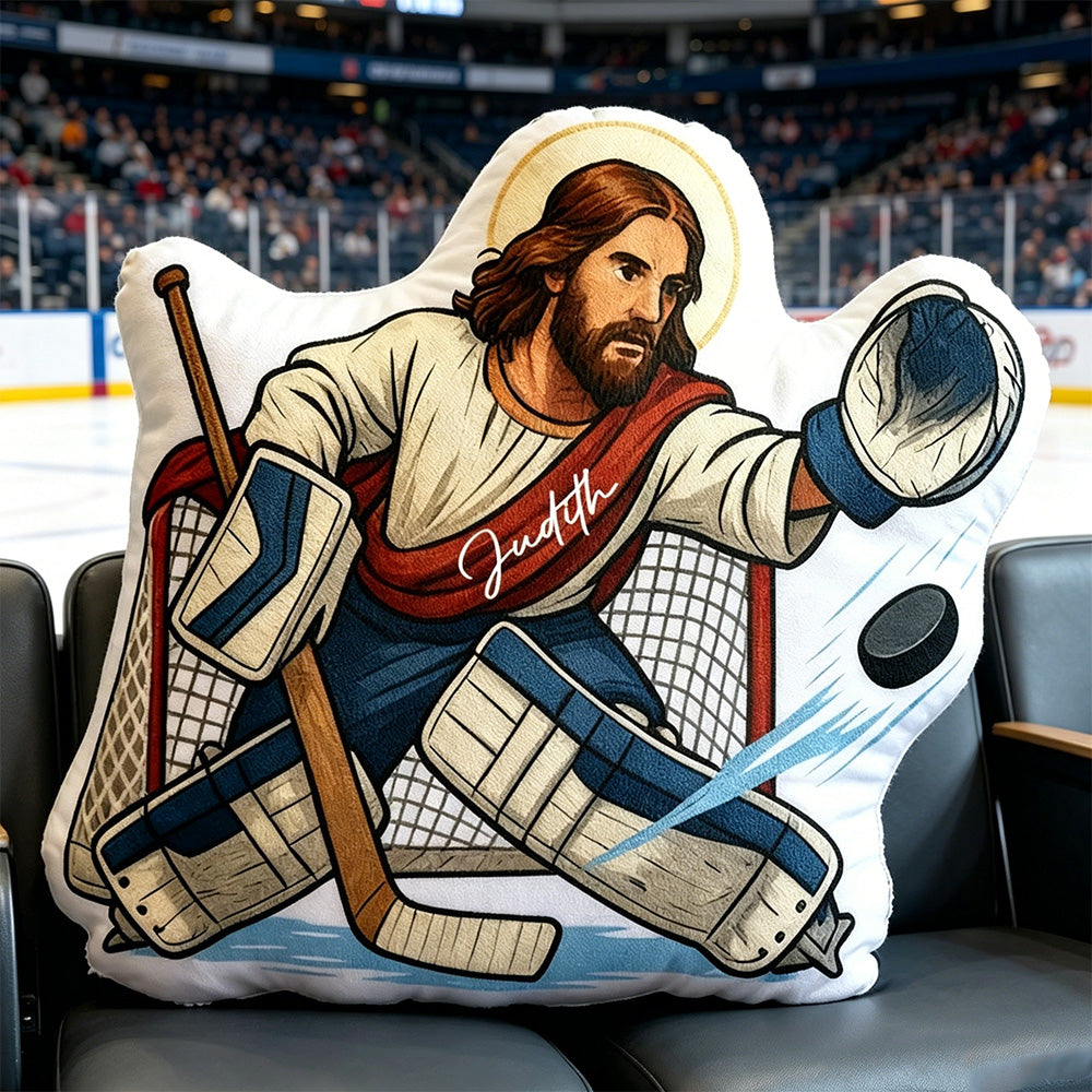 Personalized Jesus Saves Hockey Goalie Pillow – Custom Name, Christian Home Decor, and Humor Gift