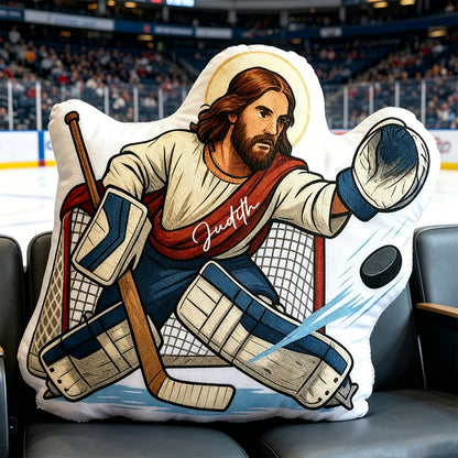 Personalized Jesus Saves Hockey Goalie Pillow – Custom Name, Christian Home Decor, and Humor Gift
