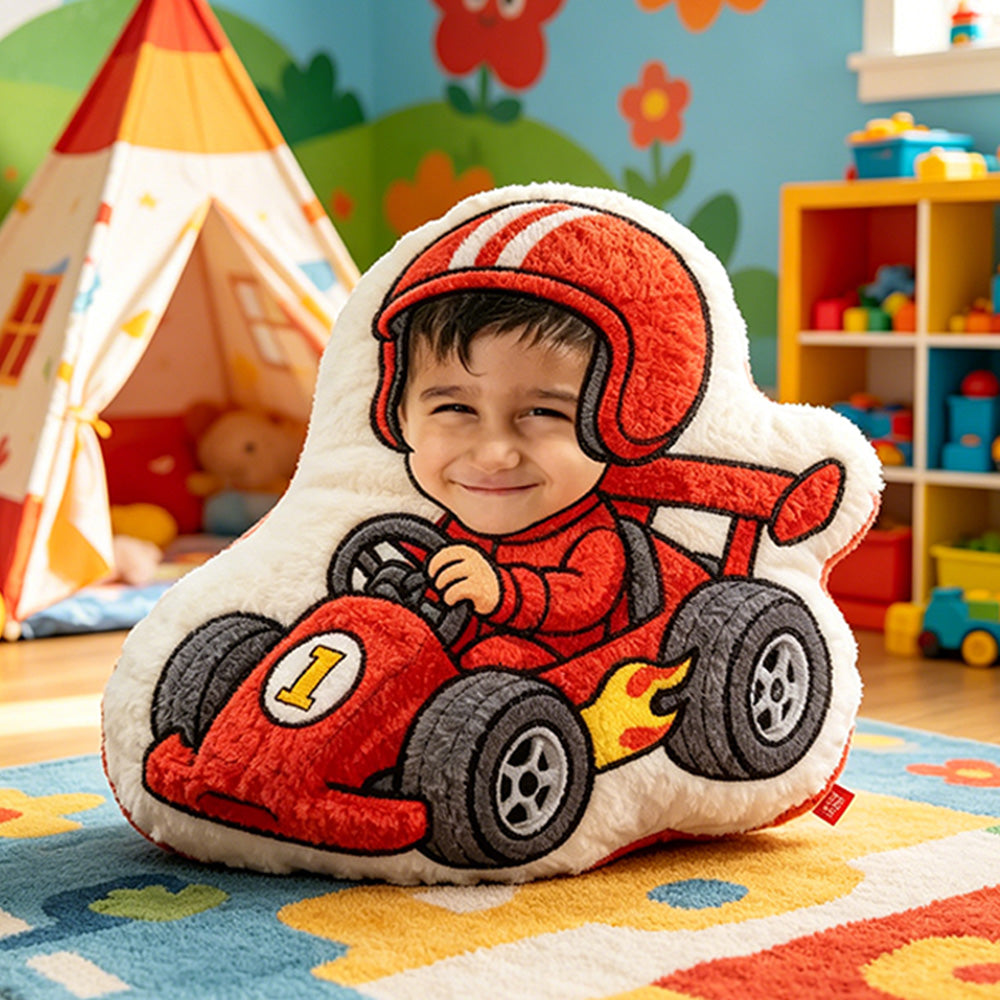 Personalized Go-Kart Racer Pillow Custom Face & Name 3D Printed Cushion Gift for Kids