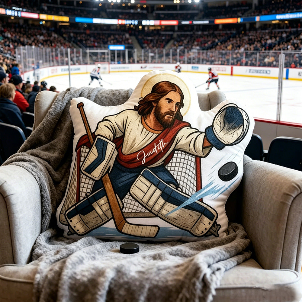Personalized Jesus Saves Hockey Goalie Pillow – Custom Name, Christian Home Decor, and Humor Gift