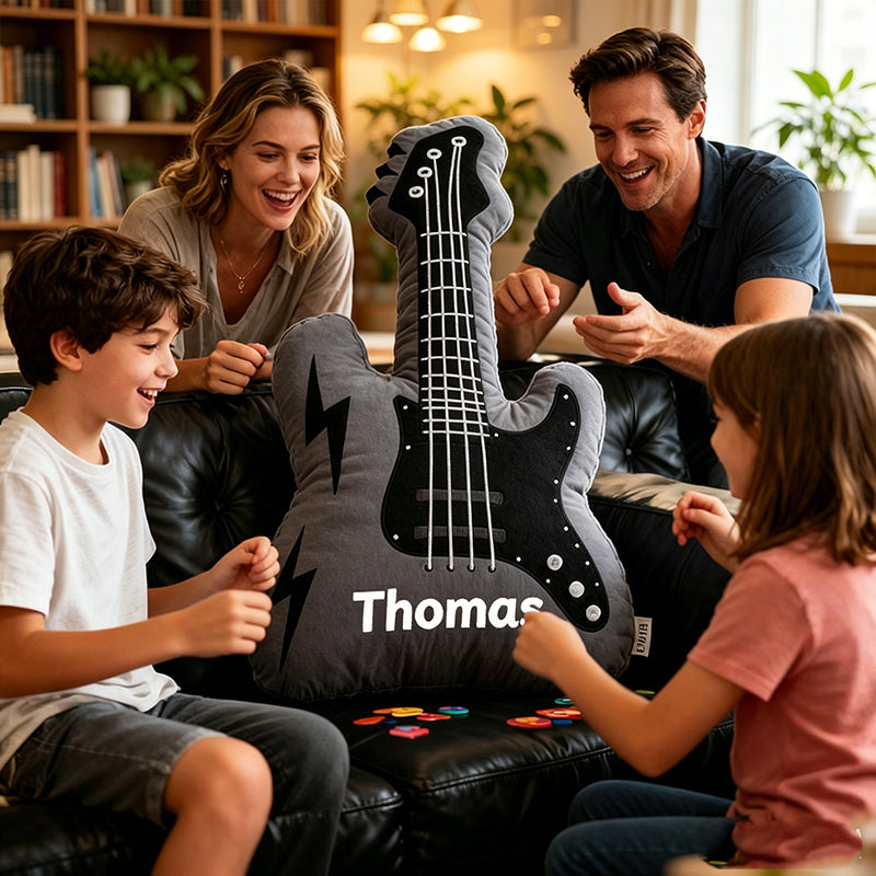 Personalized Electric Guitar Pillow with Custom Name, Soft Plush Rock Music Cushion, Gift for Guitar Players, Boys & Music Lovers
