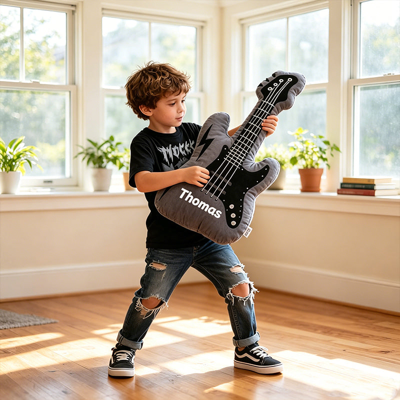 Personalized Electric Guitar Pillow with Custom Name, Soft Plush Rock Music Cushion, Gift for Guitar Players, Boys & Music Lovers