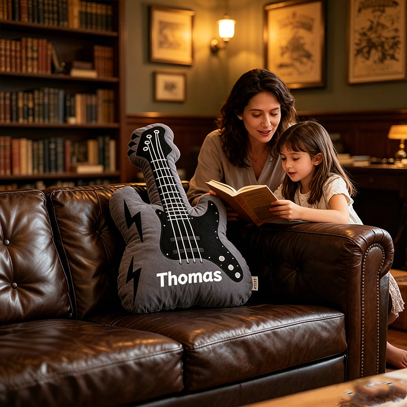 Personalized Electric Guitar Pillow with Custom Name, Soft Plush Rock Music Cushion, Gift for Guitar Players, Boys & Music Lovers